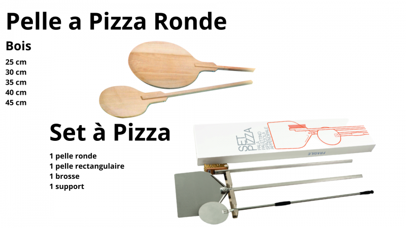 Pelle à Pizza Ronde - Bois (5 tailles)      -      Set à Pizza : 1 pelle ronde, 1 pelle rectangulaire, 1 brosse, 1 support