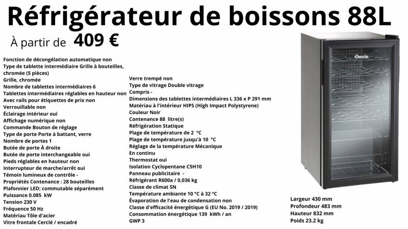 Réfrigérateur de boissons 88L   Concept Hôtellerie Petit Déjeuner - Réchauffe plats et boissons