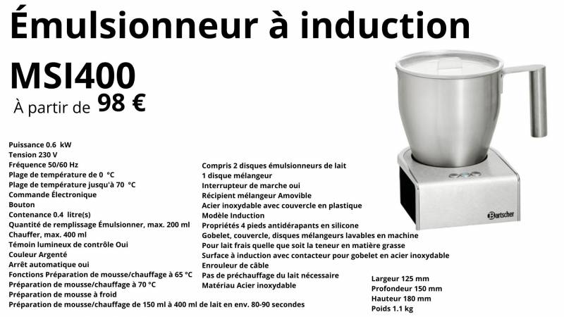 Émulsionneur à induction MSI400   Concept Hôtellerie Petit Déjeuner - Réchauffe plats et boissons